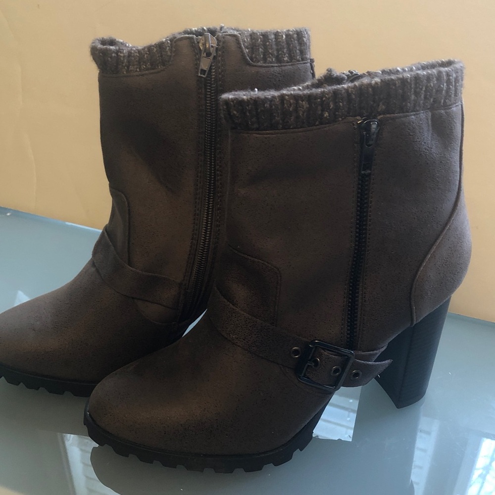 Women's Brown Faux Suede Ankle Booties with Knit Collar and Buckle